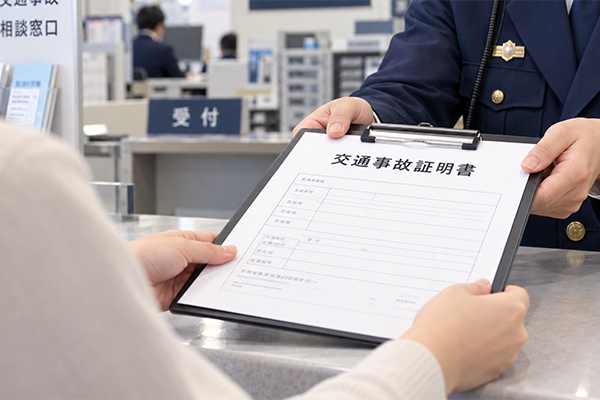警察署へ届出を行い、「交通事故証明書」の交付を受けてください